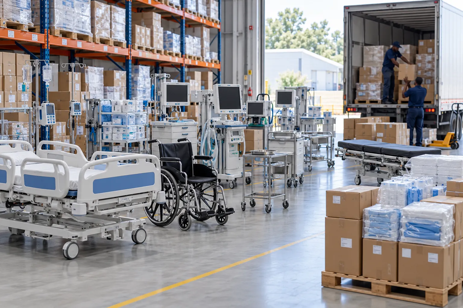 Medical equipment and healthcare supplies arranged in a warehouse